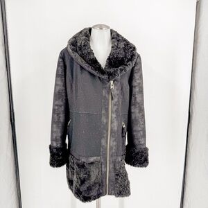 Guess Black Leather Jacket with Fur Trim and Asymmetrical Zipper